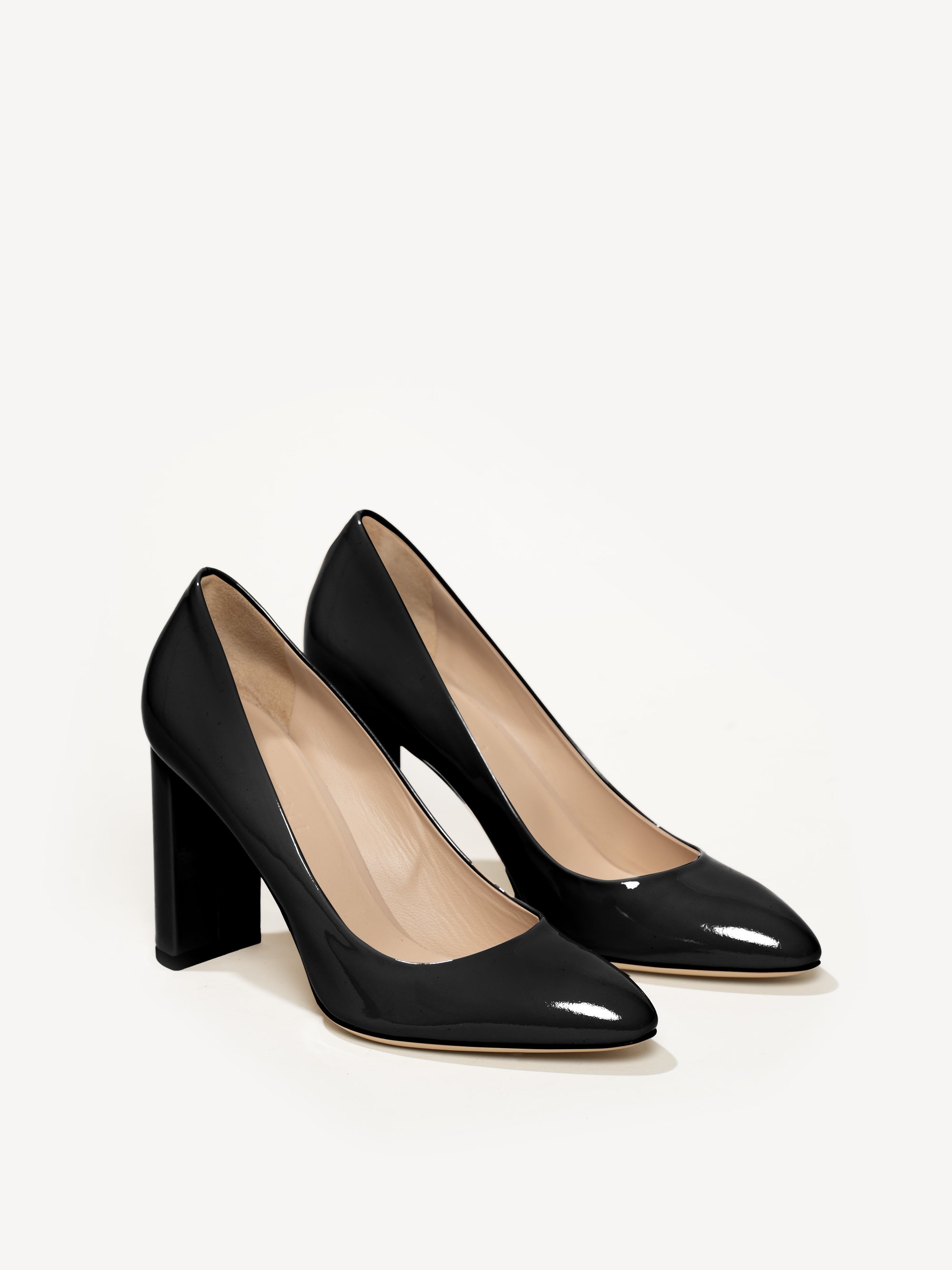 Black patent block heel outlet shoes