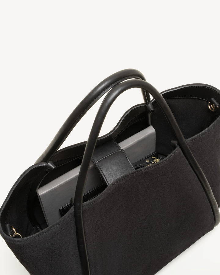 black vegan suede traveller tote bag The Ursula Tote - Black - Suede and Leather