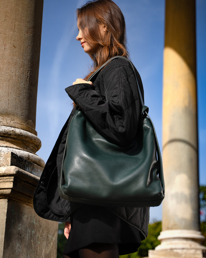 Dark green leather backpack online