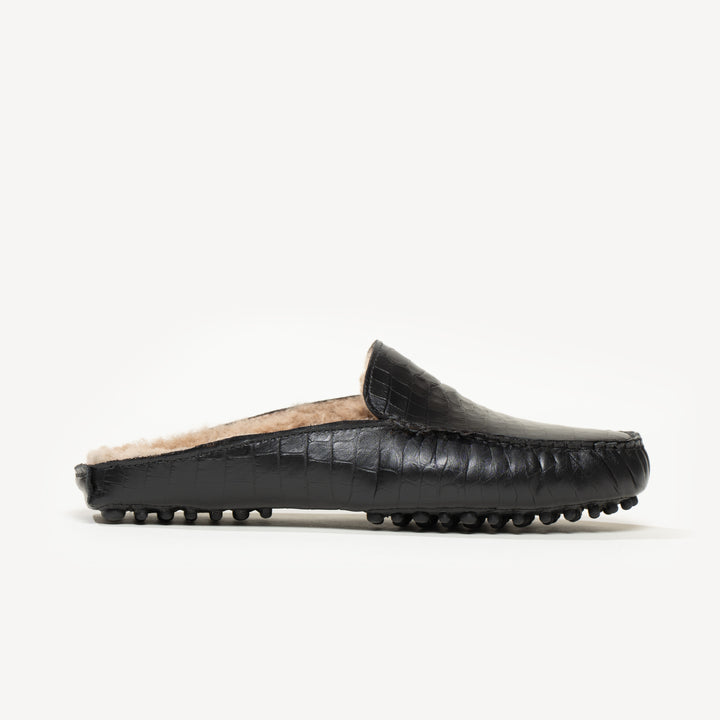 The Felize Shearling Mule Black Croco Printed Leather M.Gemi