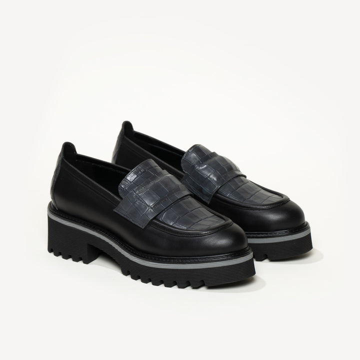 The Elsa Black Gray Croco Printed Leather M.Gemi