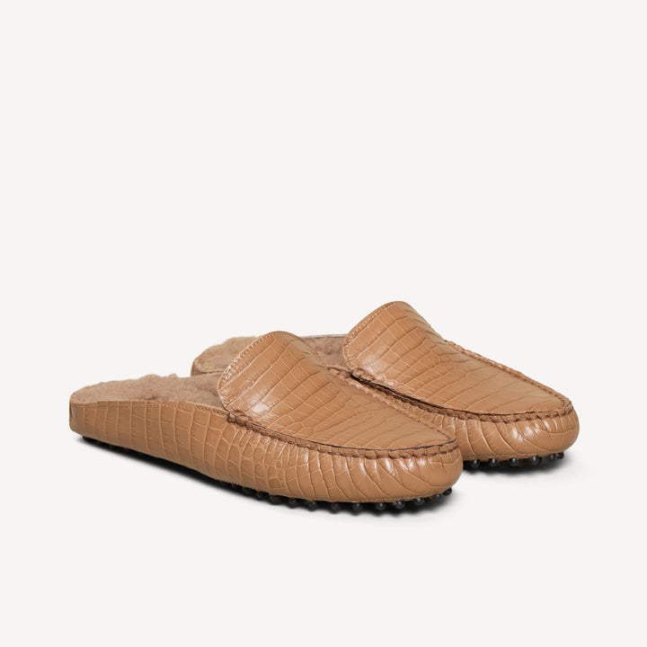 The Felize Shearling Mule Navy Croco Printed Leather M.Gemi
