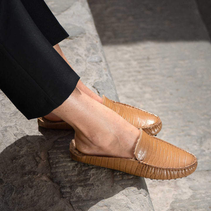 The Felize Shearling Mule Navy Croco Printed Leather M.Gemi