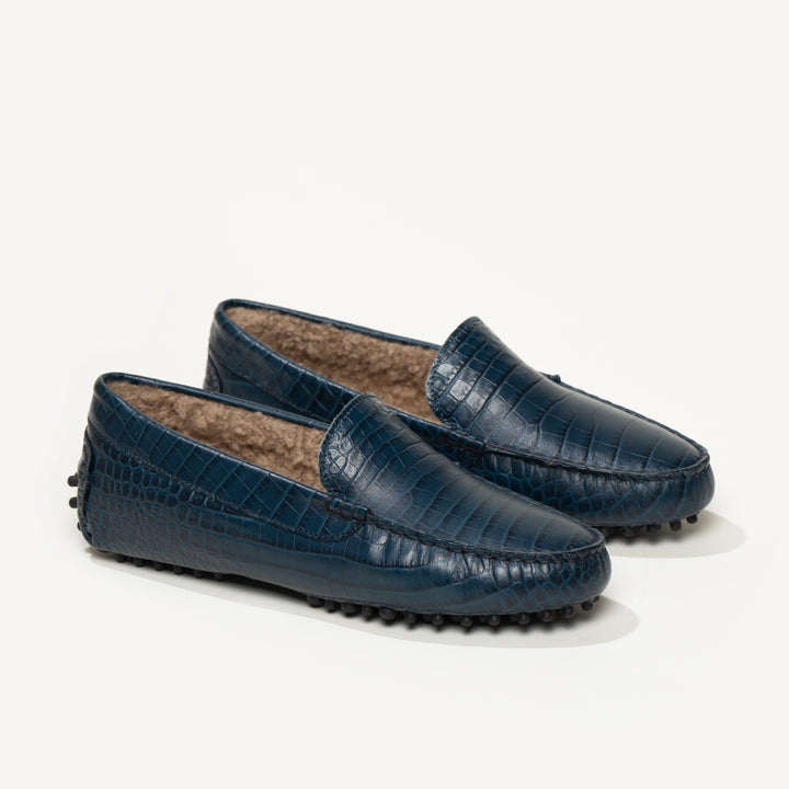 The Felize Shearling Navy Croco Printed Leather M.Gemi