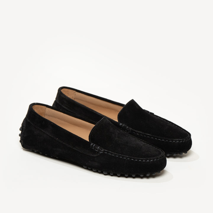 The Felize Suede Suede Moccasin Black with Black Pegs M.Gemi